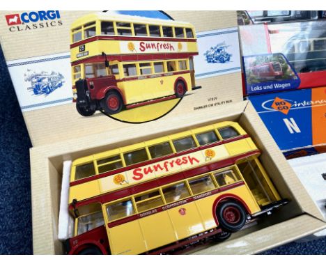 Collection of Corgi Classics, including boxed Sunfresh Daimler CW Utility Bus, Corgi LEC Routemaster Blackpool Transport, Cor