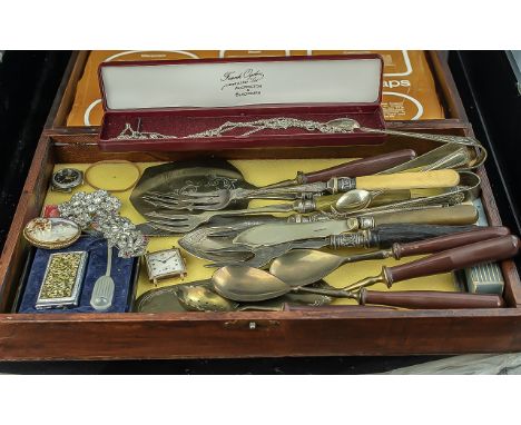 Box of Assorted Collectible Items, including three sets of sugar nips, a collection of EPNS flatware, crystal set brooch/dres