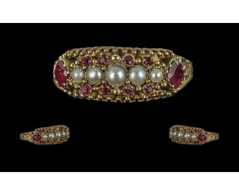 Victorian Period - Pleasing 15ct Gold - Seed Pearl and Ruby Set Ring. Full Hallmark for Birmingham 1858. Ring Size P - Q. Wei