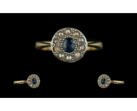 Antique Period Pleasing 18ct Gold &amp; Platinum Pearl &amp; Blue Sapphire Set Ring, flowerhead design, marked 18ct and plati