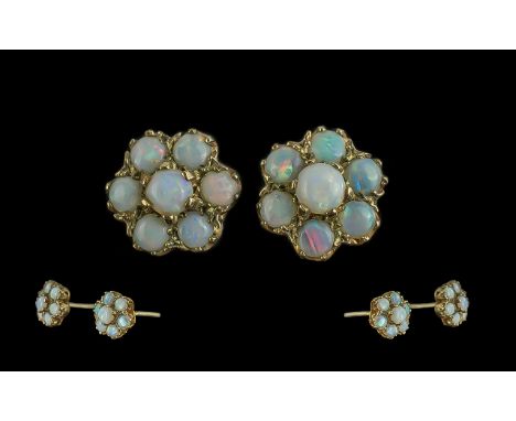 Ladies Attractive Pair of 9ct Gold Opal Set Cluster Earrings, full hallmark for 9.375, well matched opals of excellent colour