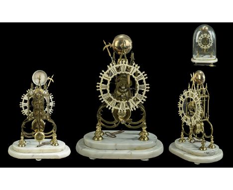 19th/20thC Skeleton Clock Of Stylised Gothic Form, Raised On A Marble Base With Glass Dome, Height 16 Inches