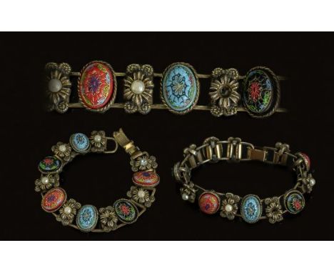 Edwardian Period Painted Pressed Glass Oval Plaque Bracelet, fitted with six decorated glass 'cabochons', probably Naples Gra