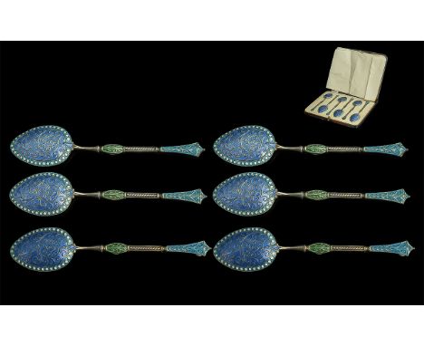 A Set of Six Ottoman Style Silver Enamelled Cloisonne Tea Spoons, pastel blue, bowls with pearl border.  Fully hallmarked for