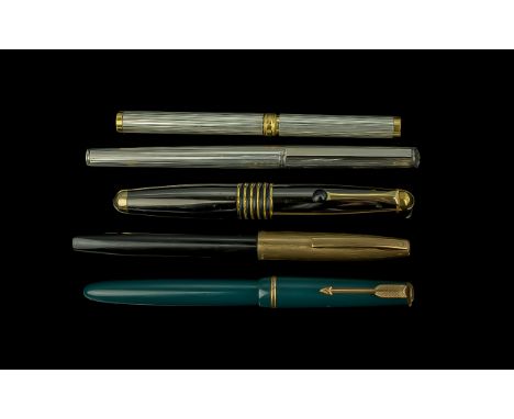 A Fine Collection of Vintage Fountain Pens ( 5 ) In Total. Comprises 1/ Sheaffer Gold Filled Fountain Pen with 14ct Gold Nib.