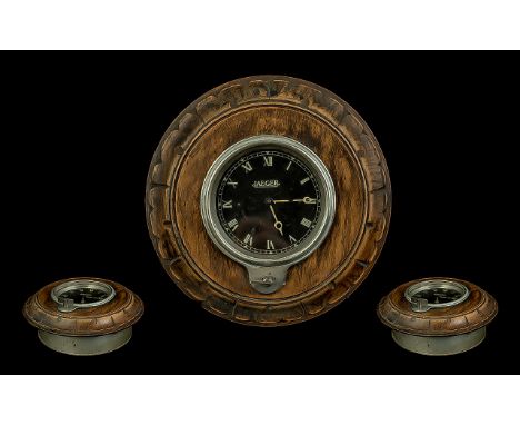 Jaeger Clock Housed In an Oak Case. Vintage Jaeger Clock In a Carved Oak Case, Working at time of Cataloging. Clock Size 3.5 