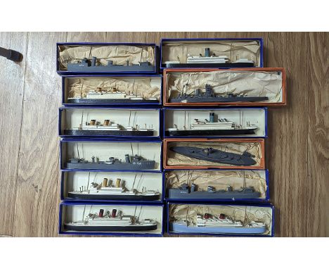 Assorted Vintage Model Ships by Bassett-Lowke & C.A.J. including Liners and Military ships with boxes See photos for more det