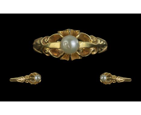 Ladies 18ct Gold Single Pearl Set Dress Ring, full hallmark to interior of shank; excellent pearl in warm colour shank and se