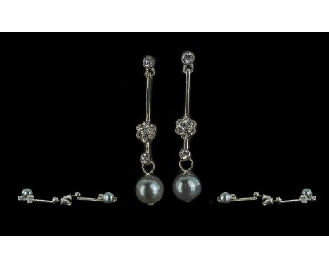 Art-de-France Pair of Rhodium Plated Swarovski Crystal Black Pearl Drop Earrings, with a certificate of authenticity.  As new
