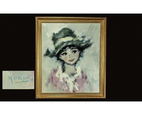 Koros ( Dutch - Born 1930 ) Girl In Black Hat - Charming Head and Shoulders Portrait. c.1960's. Oil On Canvas 23 x 19 Inches 