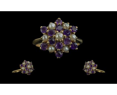 Ladies 9ct Gold Attractive Amethyst and Pearl Set Dress Ring. Full Hallmark to Interior of Shank. Amethysts of Good Colour. R