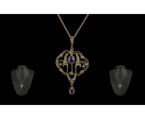 Edwardian Period 1901 - 1910 Attractive 9ct Gold Black Seed Pearl and Amethyst Set Open Worked Pendant with Attached 9ct Gold