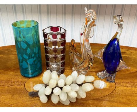 Collection of Vintage Glass, including signed green Mdina vase 7.5'' high, Luminarc vase clear/red design 7'' tall, two glass