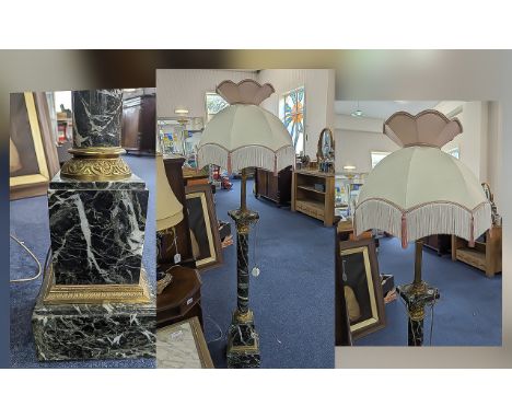 Standard Lamp on Marble Column Base, with large pink fringed shade.  Measures 67" high.