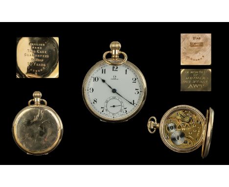 Omega Gold Filled Open Faced 15 Jewels Keyless Pocket Watch, Omega Signed to Dial and Movement, Jewelled Movement, Guaranteed