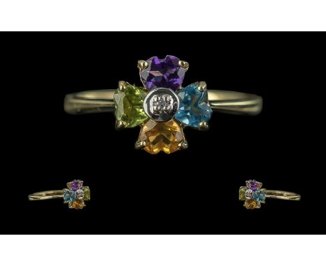 Ladies - Attractive 9ct Gold Petite Multi-Stone Set Ring. Marked 9.375 to Shank. Set with Peridot, Amethyst and Topaz of Good