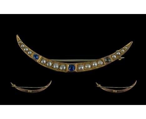 Antique Period Attractive 9ct Gold Blue Sapphire and Seed Pearl Set Crescent Shaped Brooch, In Original Display Box. Good Con