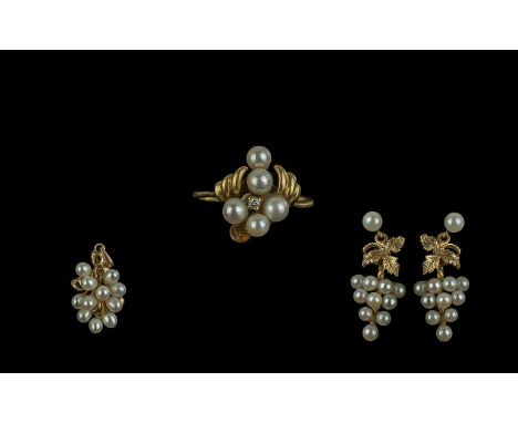 Collection Of Pearl Set Jewellery, Comprising An 18ct Gold Ring Set With A Central Diamond And Five Pearls, 14ct Gold Pendant