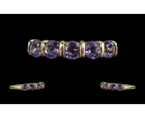 Ladies - Attractive 9ct Gold 5 Stone Amethyst Set Ring. Full Hallmark to Interior of Shank. The Well Matched Amethysts of Goo