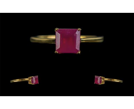 Ruby Asscher Cut Solitaire Ring, the single stone, a rich, warm red ruby with the unusual Asscher cut set in 18ct gold vermei