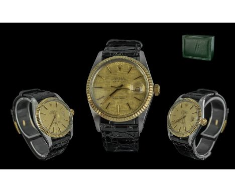 Rolex Oyster Perpetual Datejust Chronometer Gents 18ct Gold & Steel Cased Wrist Watch.  Model No. 16013. Features champagne d