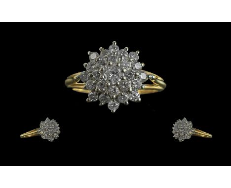 Ladies 18ct Gold Attractive Diamond Set Cluster Ring, Flower head Setting. Full Hallmark for 18ct - 750 to Interior of Shank.