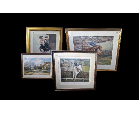 Collection of Four Framed Prints. First print is of horse riding interest 'Desert Orchid at Kempton' limited edition, signed 