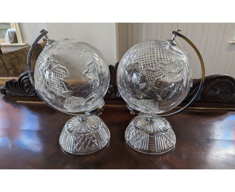 Pair of Waterford Crystal Glass Globes,  Waterford Crystal World Globes 11" Tall. Rotating Globe On Stand, lovely decorative 