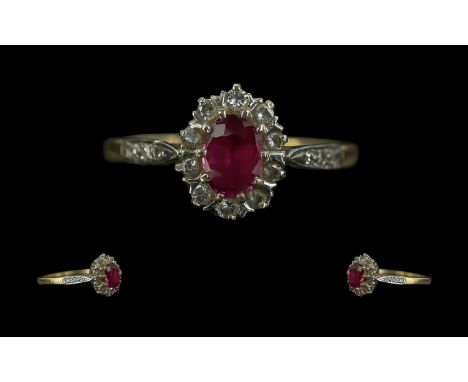 Ladies Attractive 18ct Gold Diamond and Ruby Set Cluster Ring, Diamonds Extend Down Shoulders. Full Hallmark to Interior of S