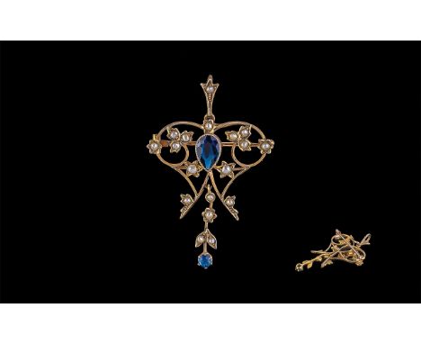 Victorian Period 1837 - 1901 Superb 15ct Gold Sapphire and Seed Pearl Set Brooch/ Pendant in original jewellery display box; 