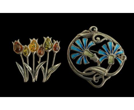 Two Vintage Silver Brooches, one decorated with blue and green enamel flowers, measures approx. 1.5", and the other depicting