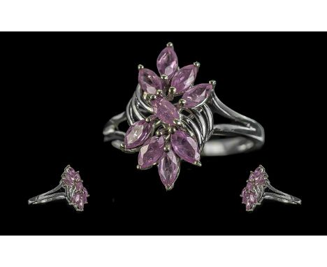 Pink Sapphire Cluster Ring, marquise cut hot pink sapphires, one of the rare, 'fancy' colours of sapphire, totalling 2cts, cr