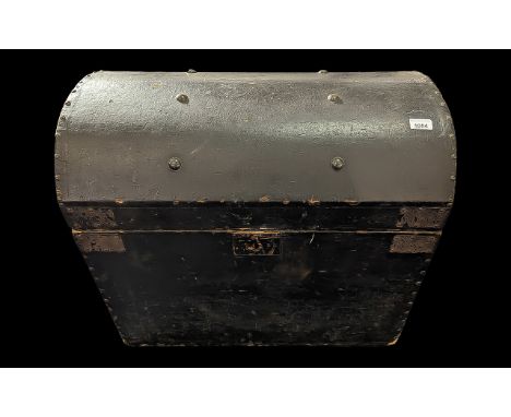 Large Vintage Black Wooden Trunk, domed and studded lid, measures 27" wide x 24" high x 19" deep.