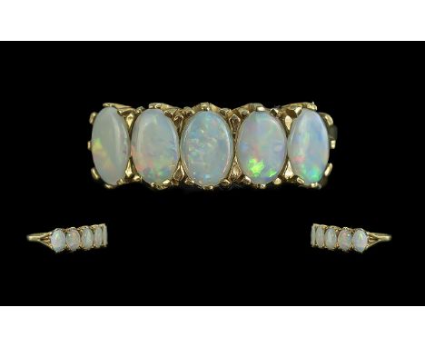 Ladies - Attractive 9ct Gold 5 Stone Opal Set Ring, Gallery Setting. Full Hallmark to Interior of Shank. Well Matched Opals. 