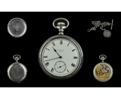 Elgin Watch Company Sterling Silver 7 Jewels Open Lever Faced Pocket Watch, screw back, keyless, with sterling silver watch A