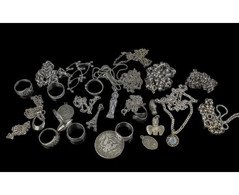 Collection of Silver Jewellery, including  rope twist bracelet, gem set ring, charms, necklaces, etc.  Together with a rope t