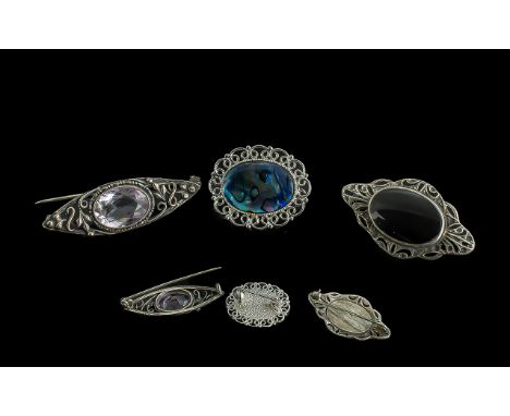 Three Sterling Silver Vintage Brooches, oval set with Jet, one with a pale pink crystal, one oval with delicate surround set 