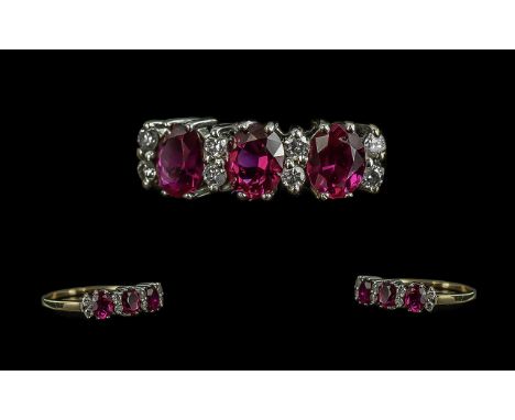 Ladies - Attractive 9ct Gold Ruby and Diamond Set Dress Ring. Full Hallmark to Shank. Rubies and Diamonds of Pleasing Colour.