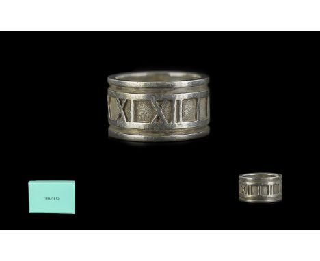 Tiffany &amp; Co Silver Ring. Tiffany Silver Ring with Roman Numeral Design, Comes In Original Packaging. Ring Size M. 