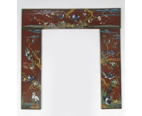 An Aesthetic Movement Minton Hollins &amp; Co pottery three tile panel fireplace,   the horizontal mantel panel decorated wit