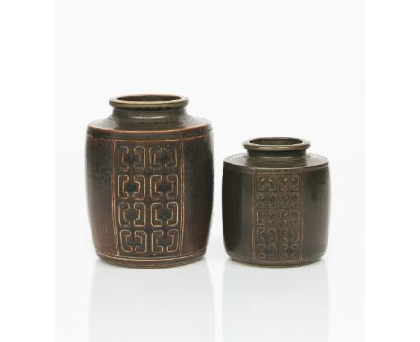 Two graduated Bing &amp; Grondahl stoneware vases designed by Valdemar Pedersen,  shouldered cylindrical form, incised with g