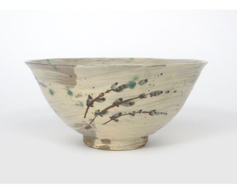 ‡ Jim Malone (born 1946) a Lessonhall Pottery stoneware bowl, footed form, covered to the foot with a hakeme glaze and painte