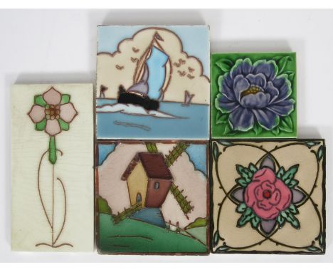 A rare Sherwin &amp; Cotton tubelined tile designed by George Cartlidge,  decorated with a windmill, in colours two other tub