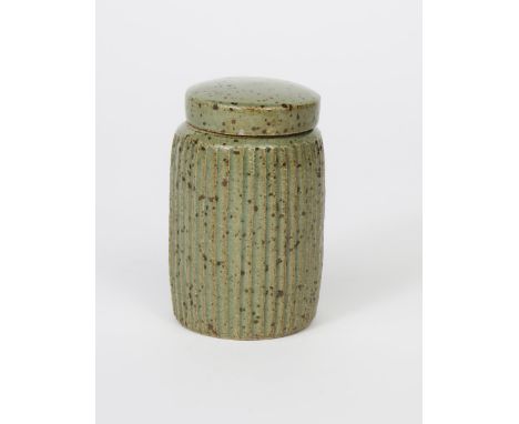 ‡ David Leach OBE (1911-2005) a Lowerdown Pottery stoneware tea canister and cover, cut sided, celadon glaze with iron speckl