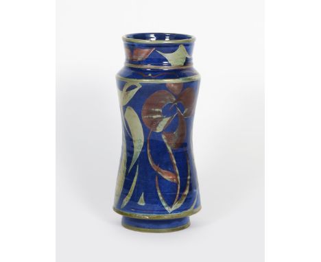 ‡ Alan Caiger-Smith MBE (born 1930) an Aldermaston Pottery albarello vase, painted in silver and ruby lustre on a blue ground