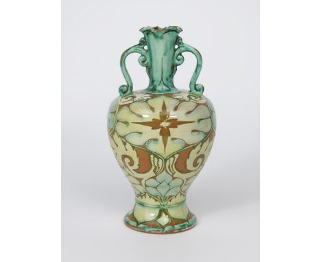 A Della Robbia pottery twin-handled vase by Arthur E Bells, dated 1898,  shouldered form with applied scrolling handles, pain