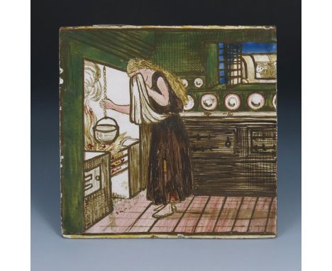Cinderella in the Kitchen a rare Morris and Co tile designed by Edward Burne-Jones, painted in colours unsigned, minor glaze 