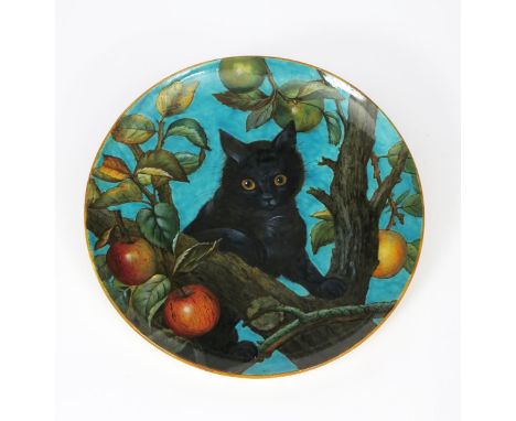 An Aesthetic Movement  Minton's Pottery wall charger,  painted with a black kitten climbing an apple tree, in colours on a tu