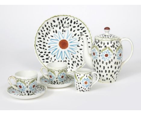 A Foley porcelain coffee set for two designed by Angelica Bell, model V.620, made for the 1934 Art in Industry  Exhibition,  