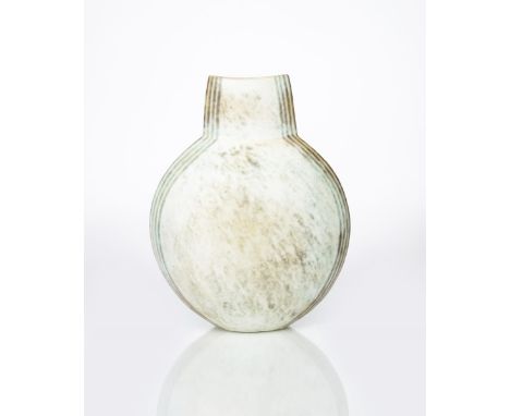‡ John Ward (born 1938) a tall hand-built stoneware vase, flattened disc form with tapering neck, covered in a mottled white 